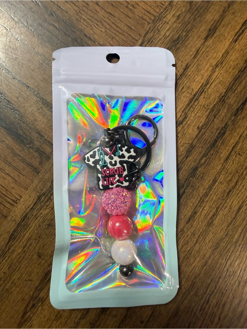 Scrub Life Cow Print Pink Bead Keychain. Handmade